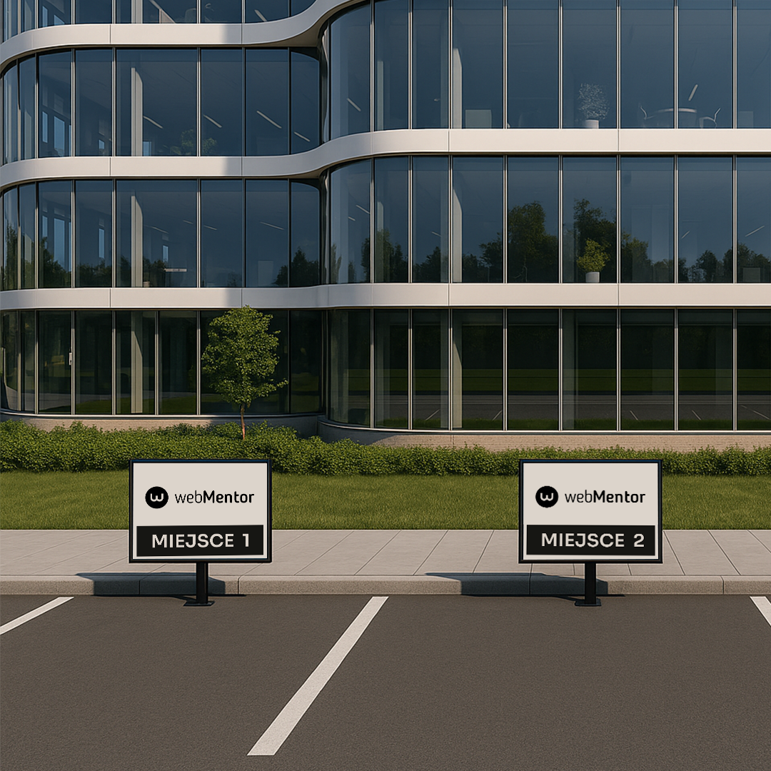 Tabliczki z numerami miejsc parkingowych przed budynkiem biurowym
