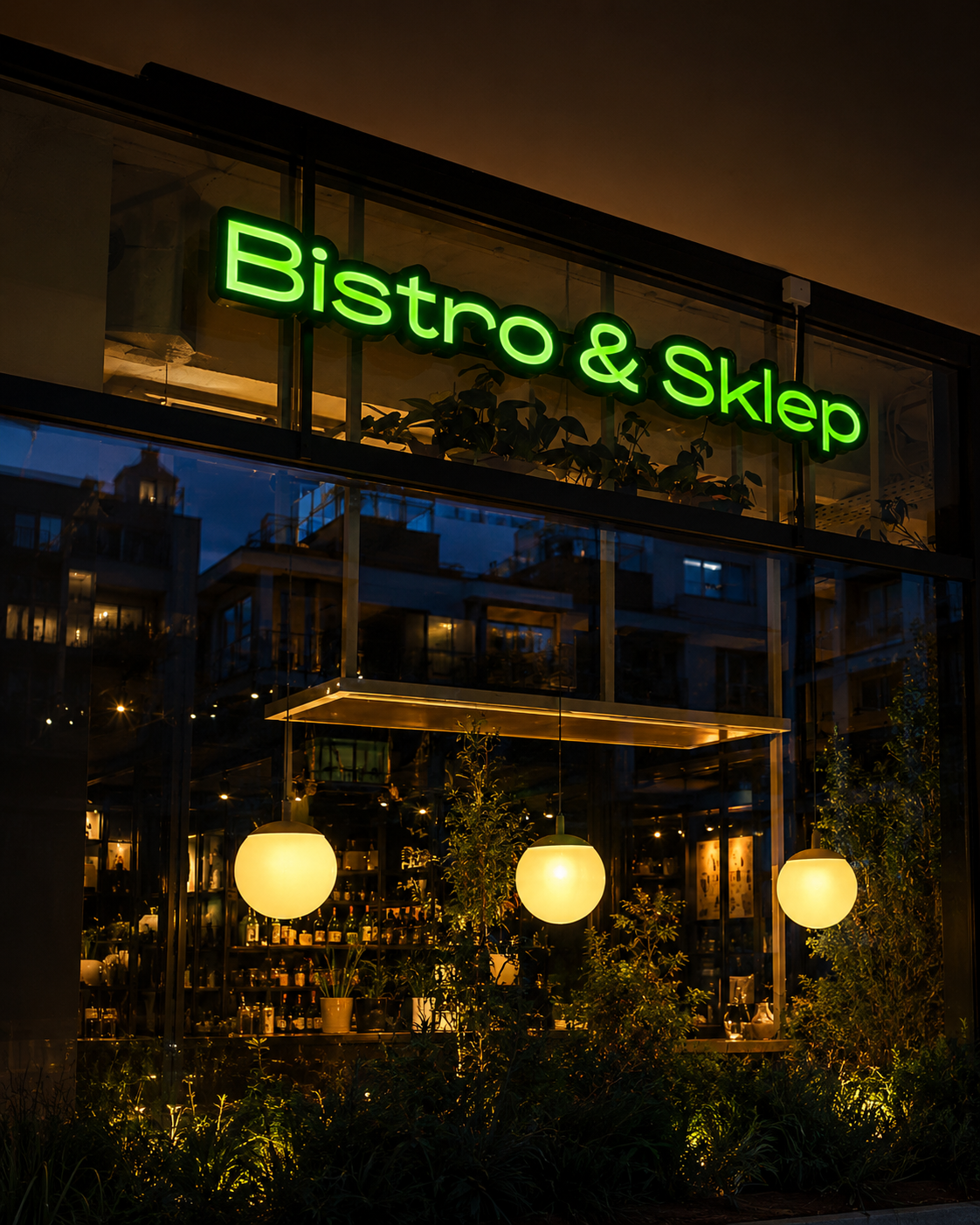 Zielone podświetlane litery 3D Bistro i Sklep po zmroku - realizacja Designpol