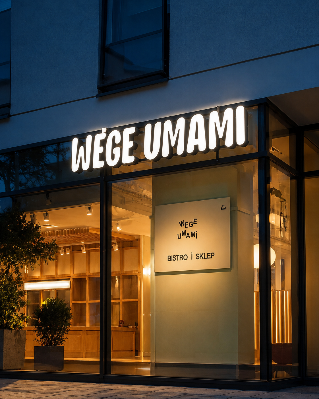 Litery przestrzenne Wege Umami na lokalu w dzień - realizacja Designpol